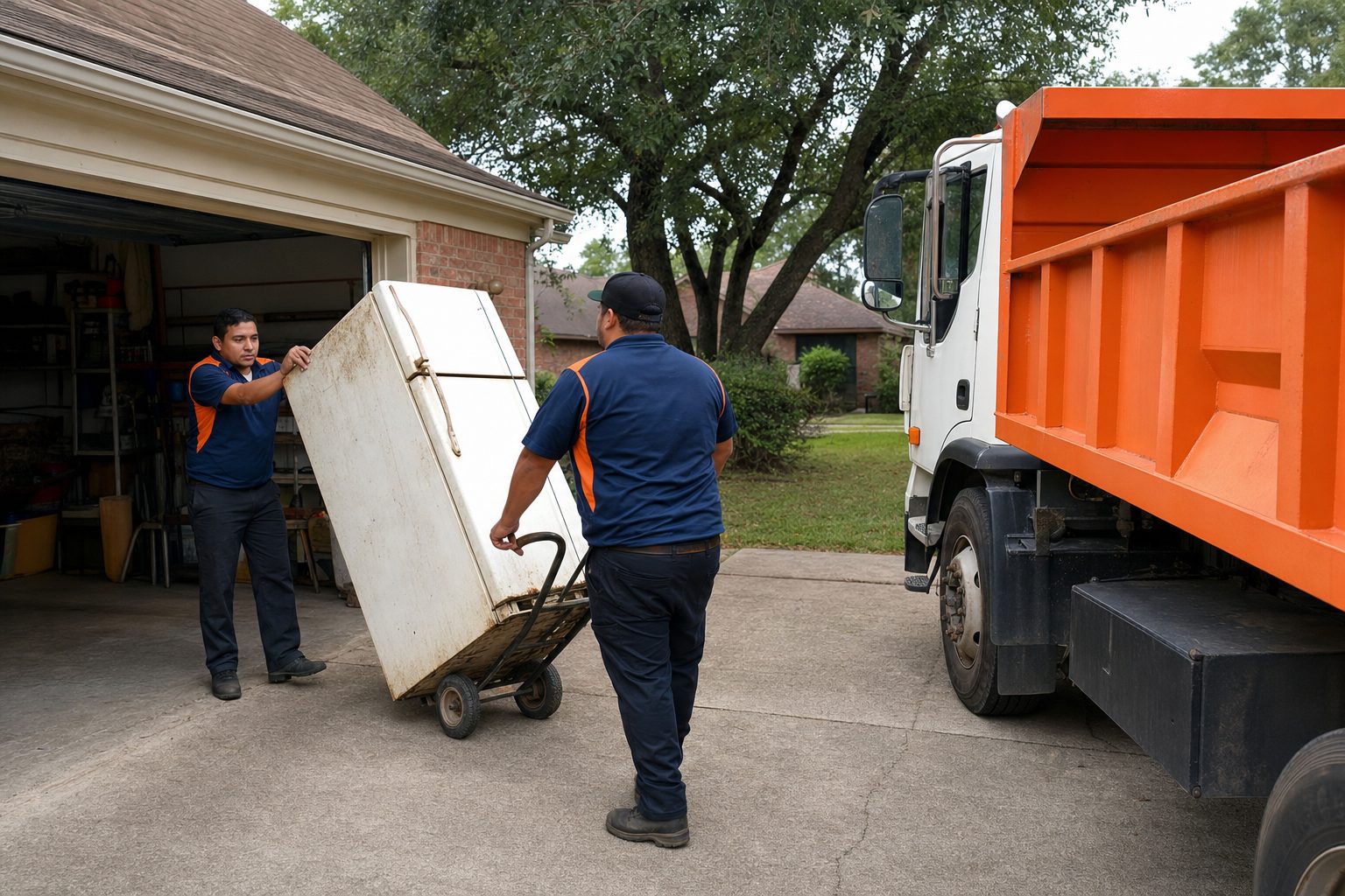 Appliance removal Houston: workers rolling an old refrigerator to the truck