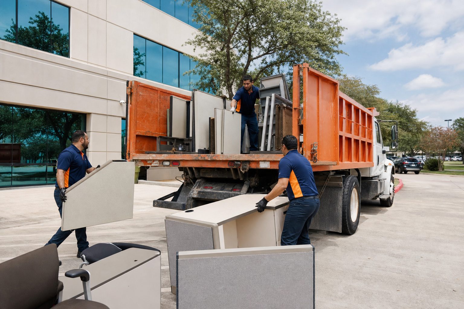 Commercial junk removal Houston: office desks and cubicles being removed