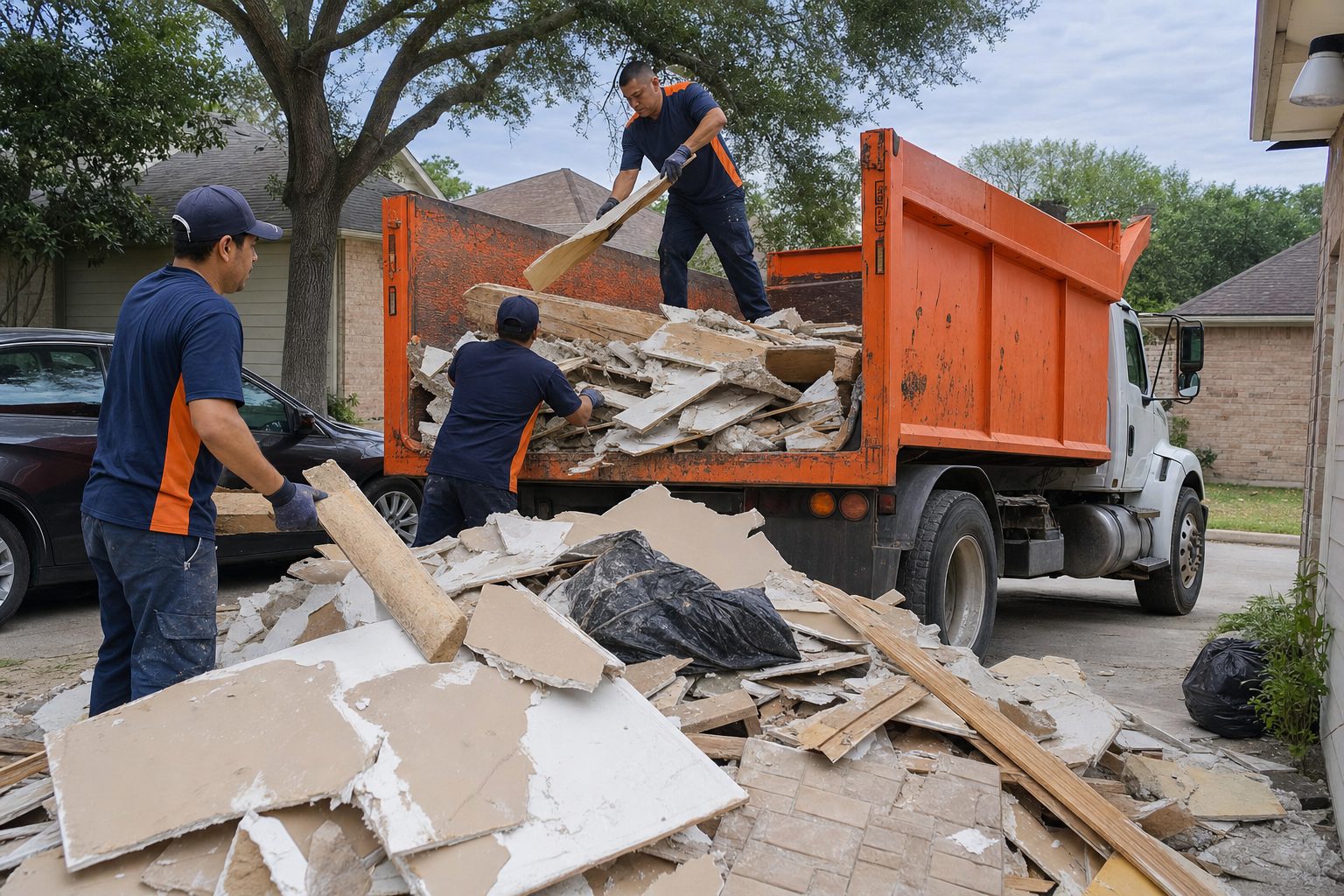 Construction debris removal Houston: drywall and lumber loaded into a dump truck