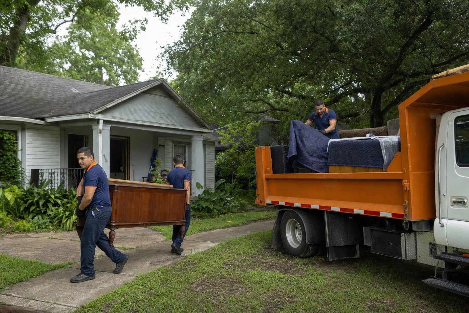 Estate cleanout Houston: crew respectfully carrying furniture out of a family home