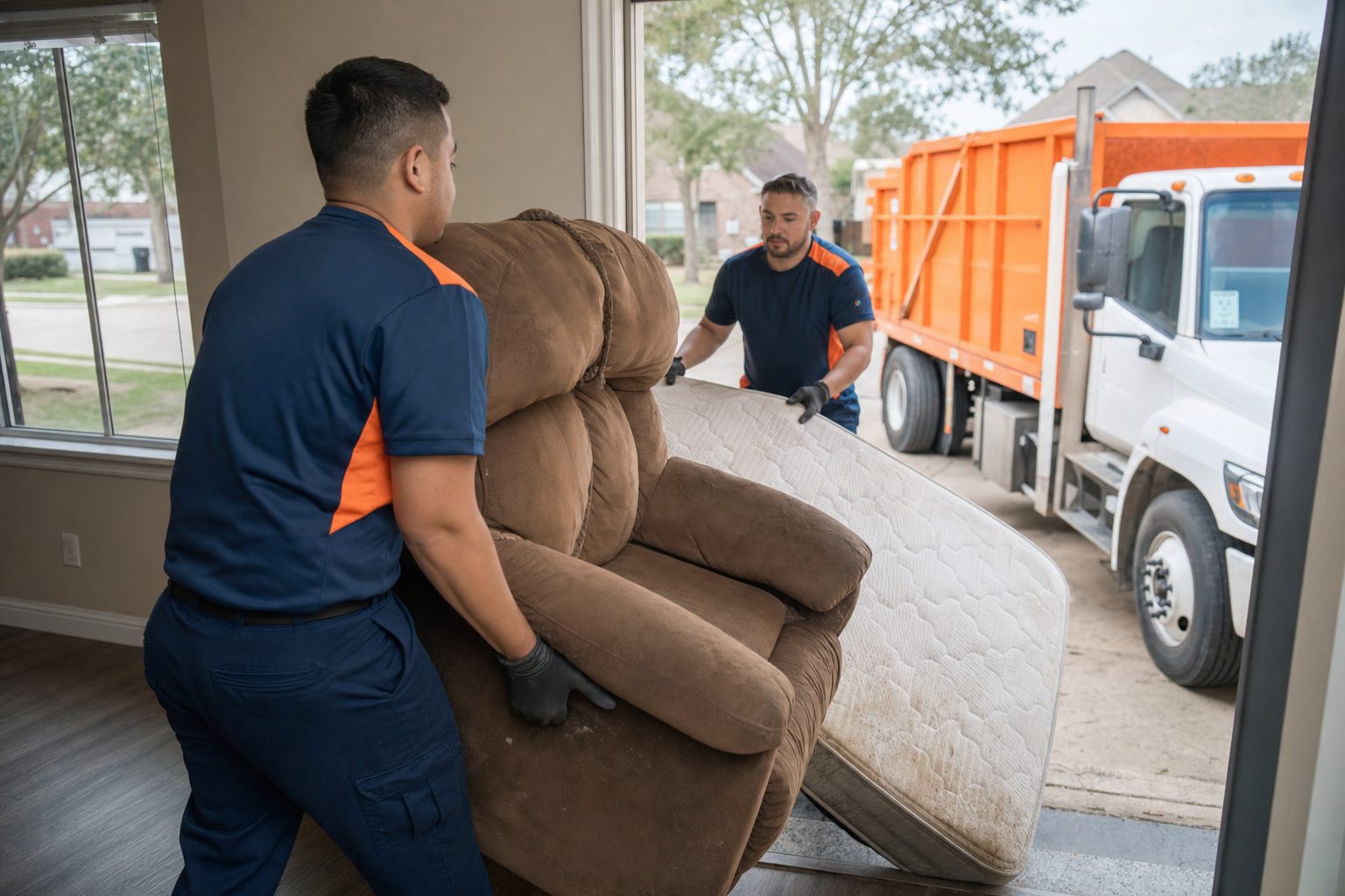 Furniture removal Houston: crew carrying a recliner and mattress out of a home