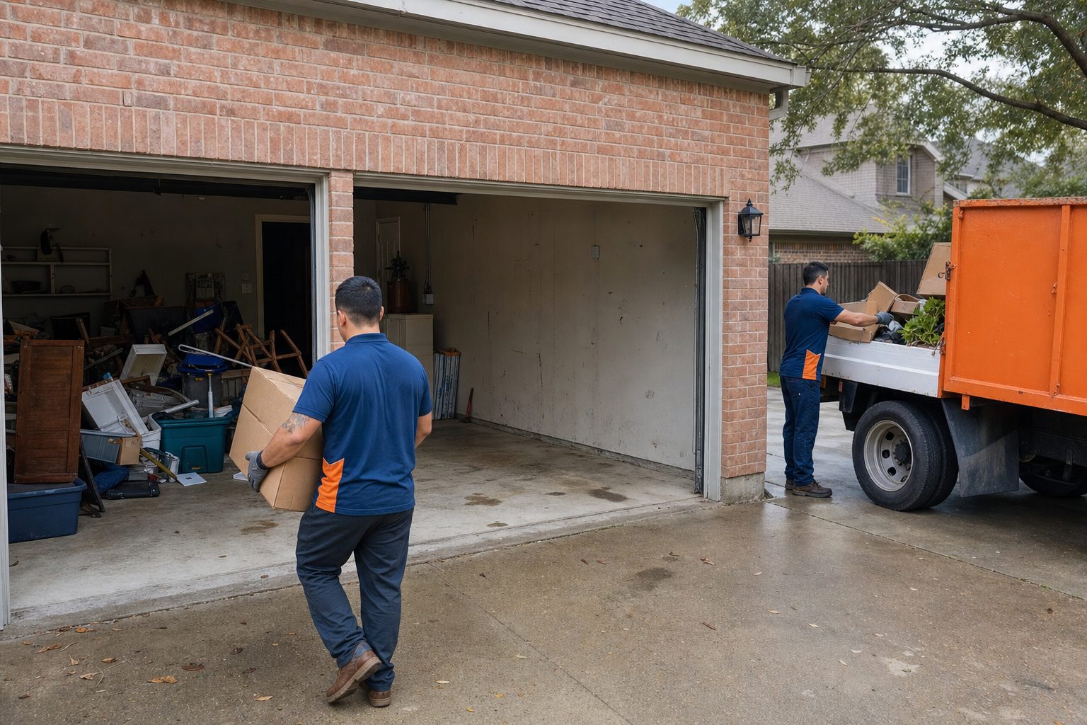 Garage cleanout Houston: cluttered garage being cleared by junk removal crew