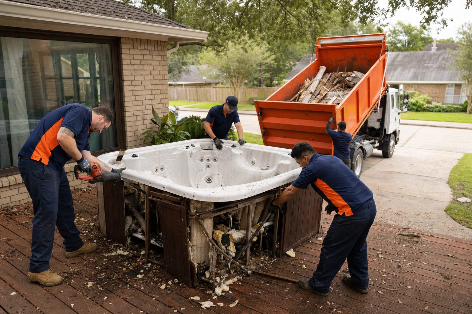 Hot tub removal Houston: crew breaking down an old spa on a backyard deck