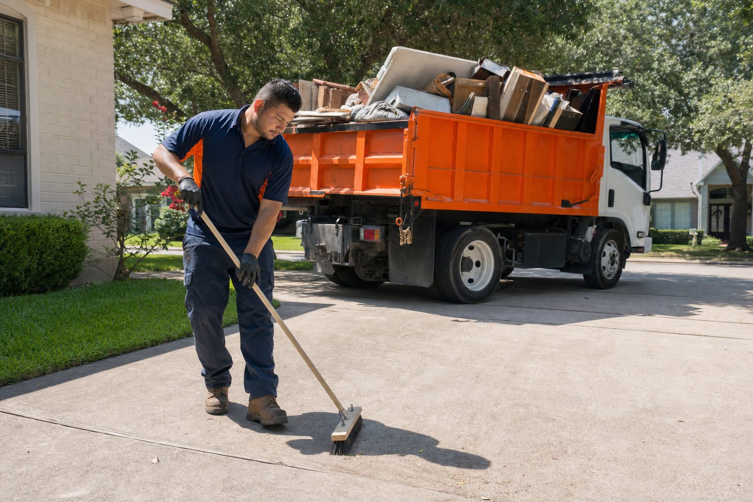 Junk removal worker sweeping a Houston driveway clean after a pickup