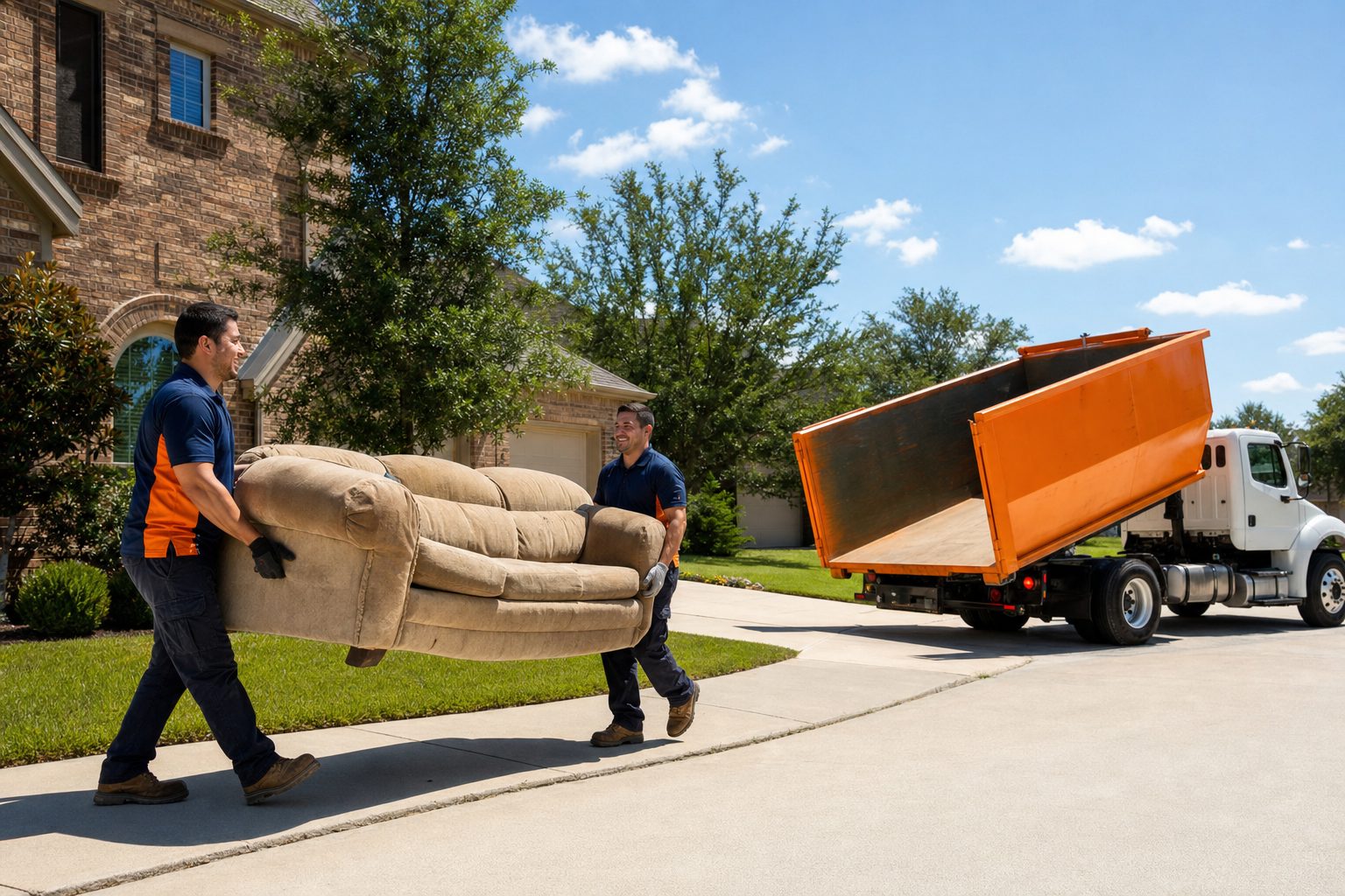 Junk removal Houston crew loading a sofa into a dump truck
