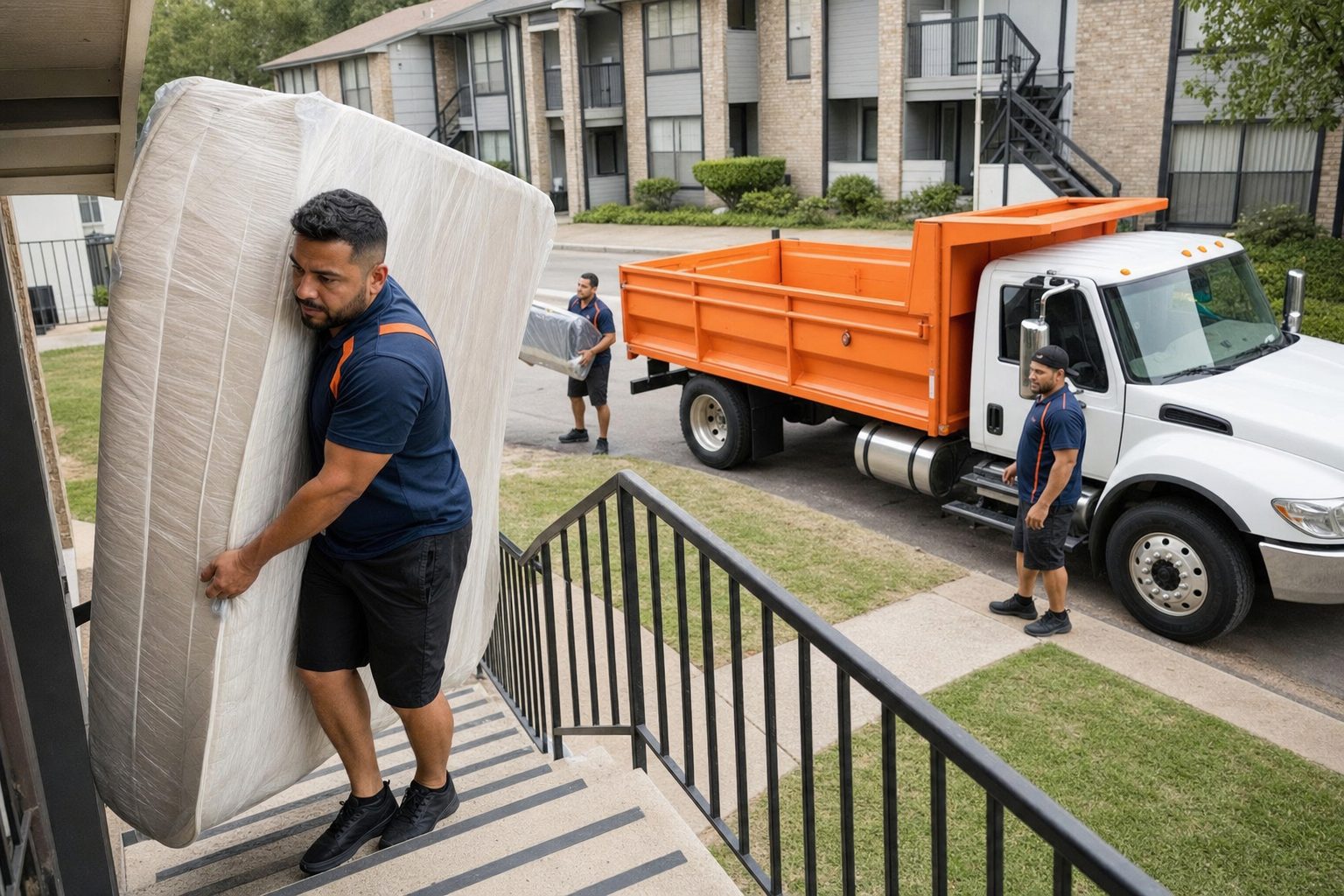 Mattress removal Houston: worker carrying a mattress down apartment stairs