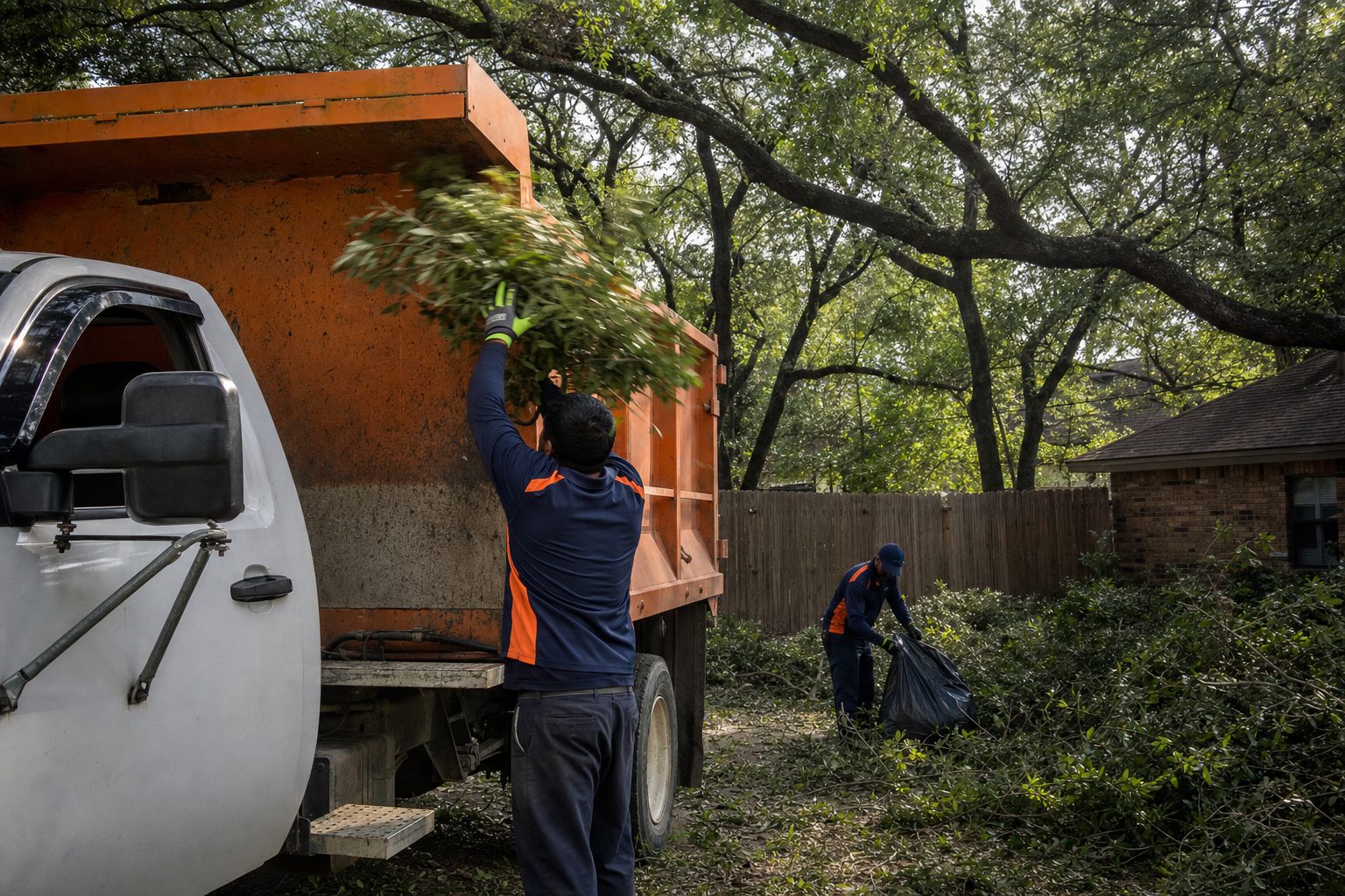 Yard waste removal Houston: branches and storm debris tossed into a truck